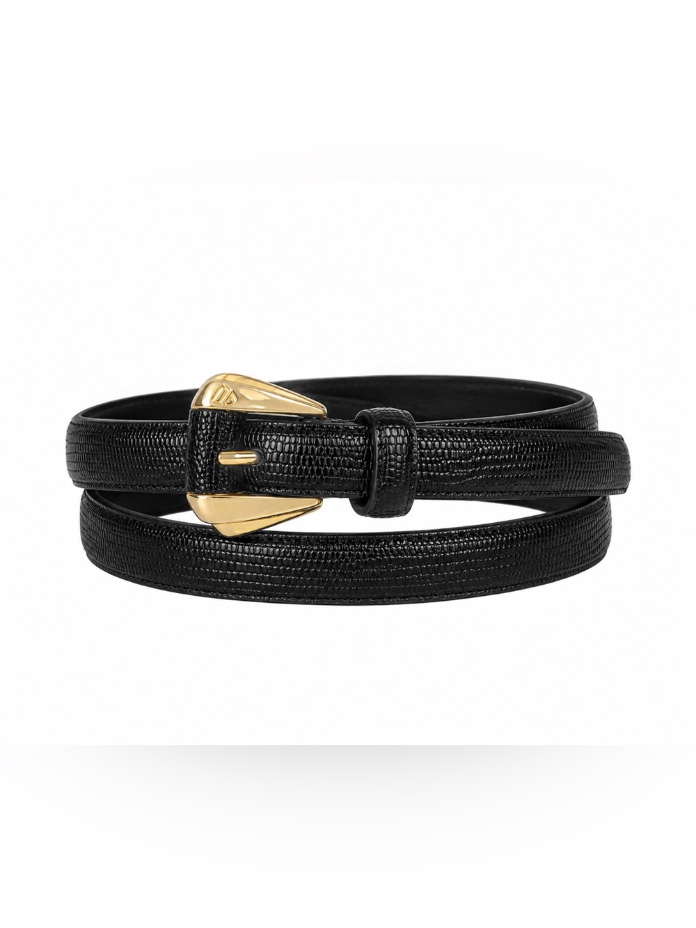 Vintage Liz Claiborne Black Lizard Embossed Leather Belt Western Gold Buckle M